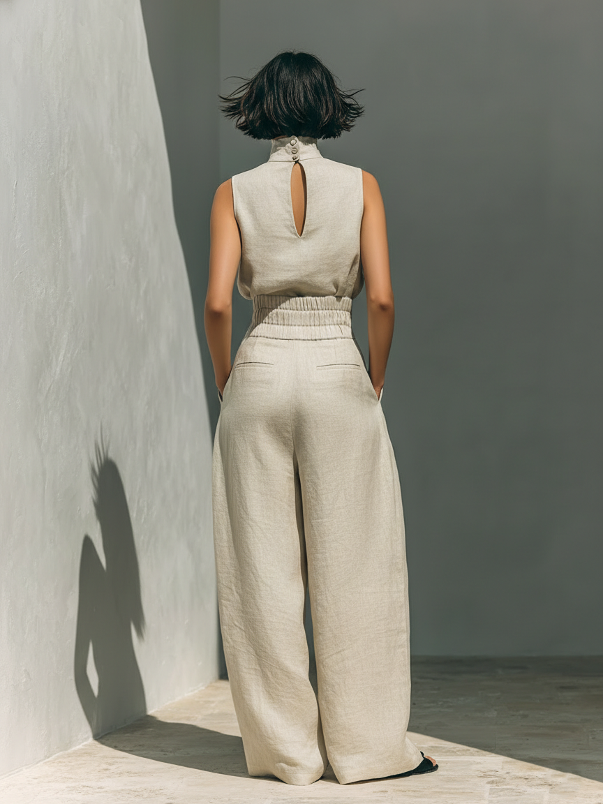 Maria | Set Completo Con Top A Canotta E Pantaloni Larghi In Cotone E Lino