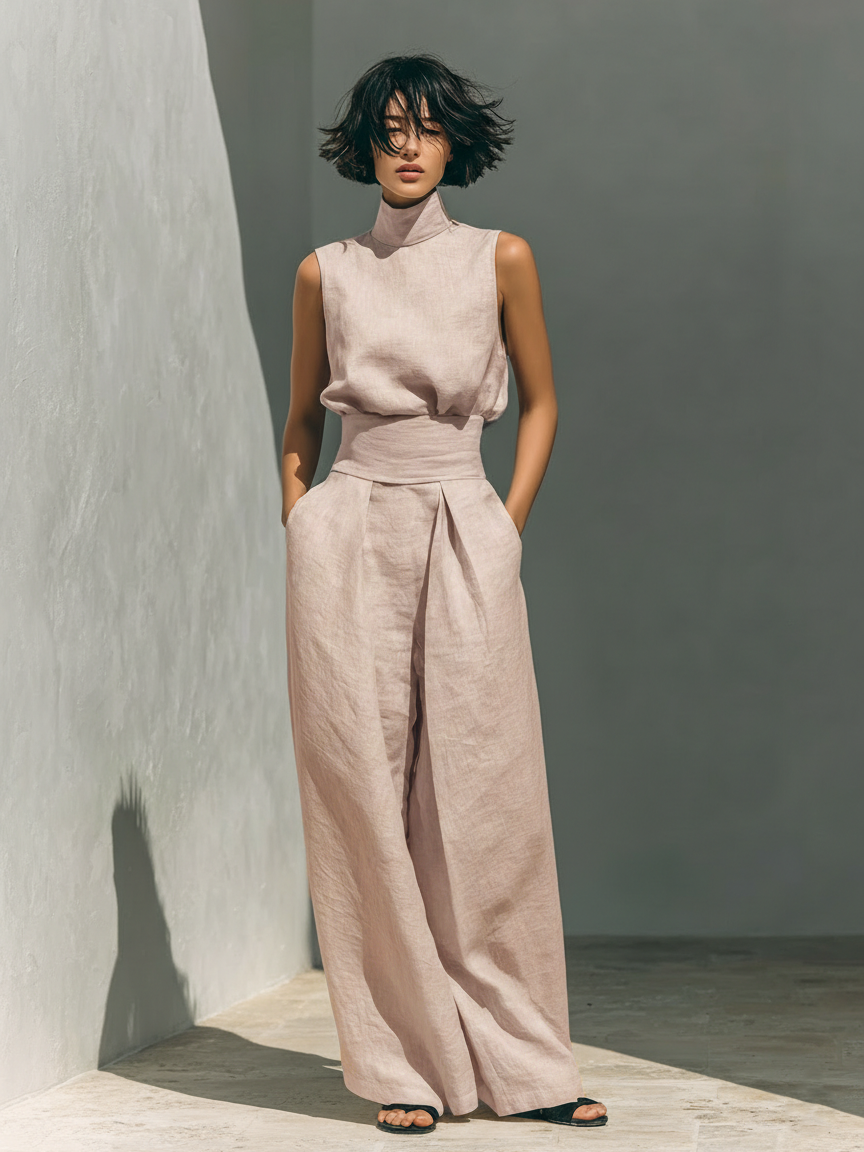 Maria | Set Completo Con Top A Canotta E Pantaloni Larghi In Cotone E Lino