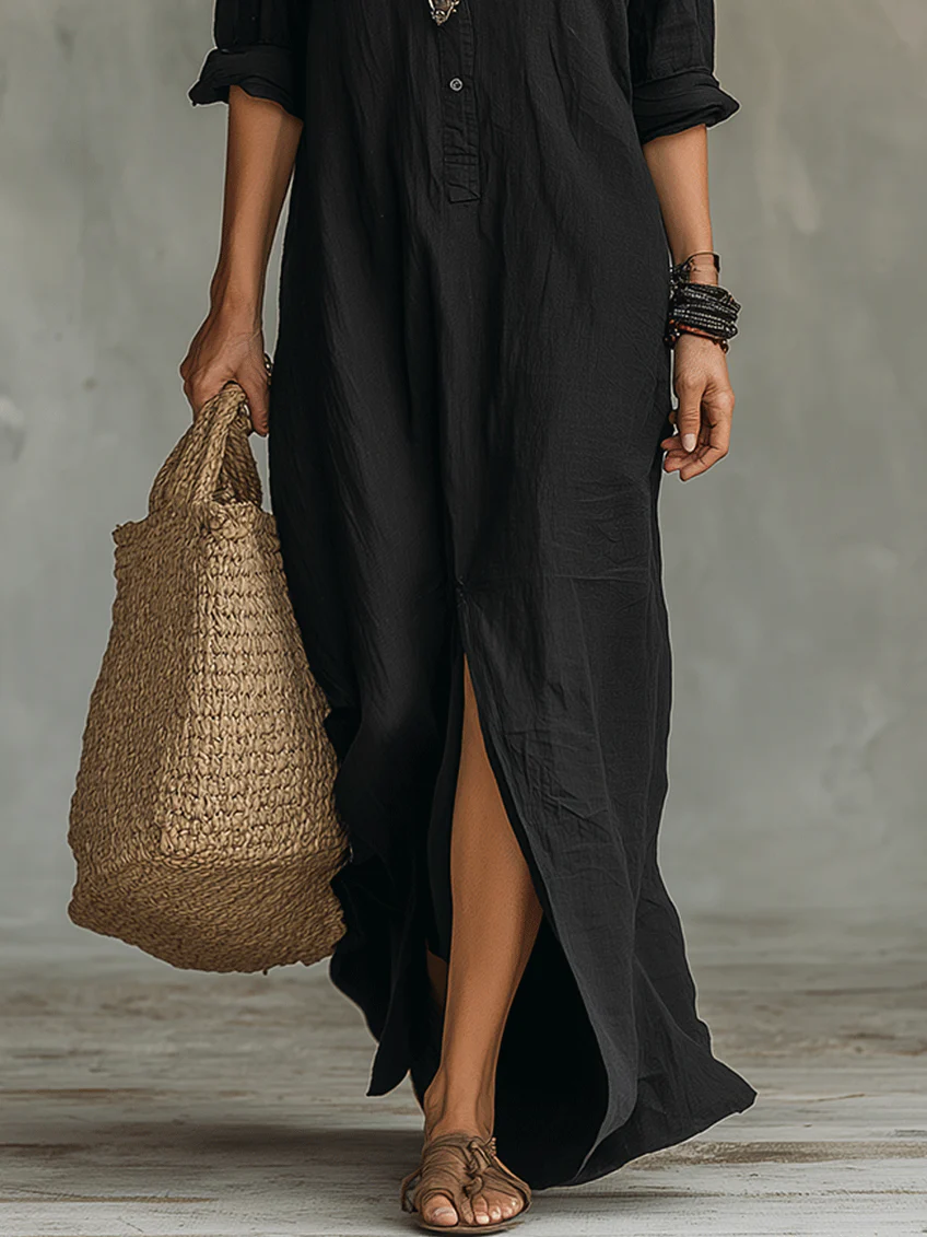 Soline | Abito Maxi Nero Lungo Con Bottoni