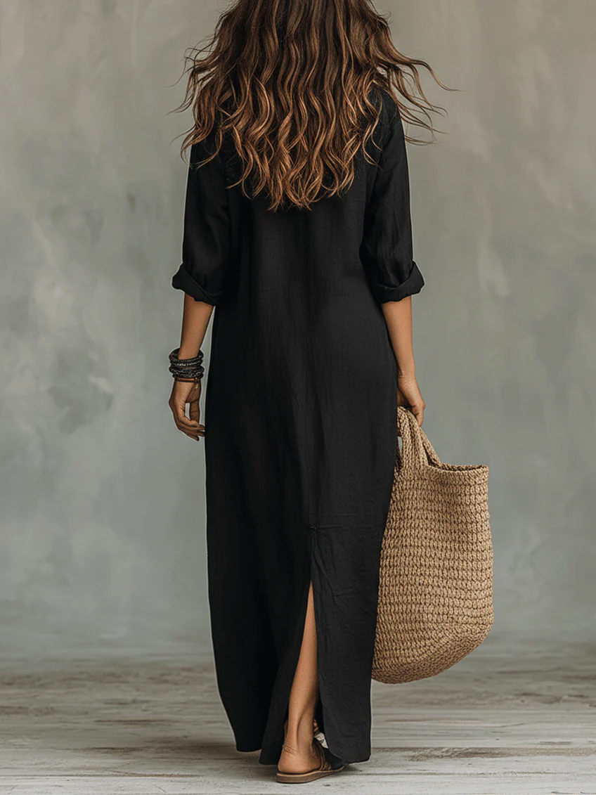 Soline | Abito Maxi Nero Lungo Con Bottoni